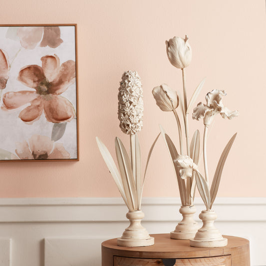 Distressed Ivory Floral Stem Sculpture (Set of 3) -Ship Only