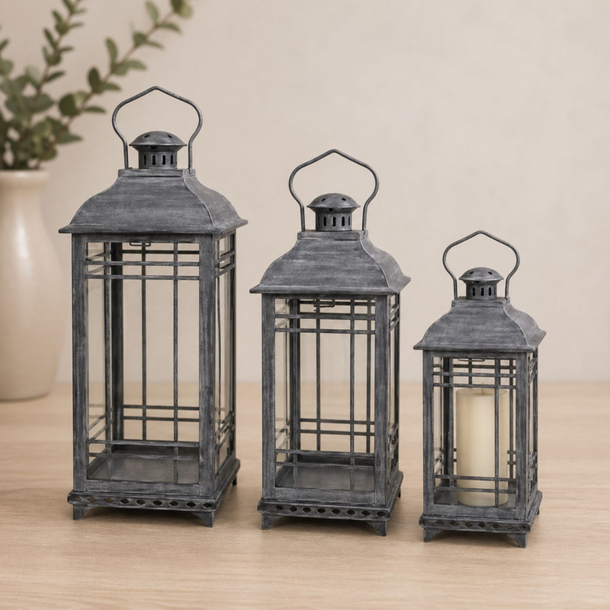 Traditional Grey Metal Lantern (Set of 3) -Ship Only