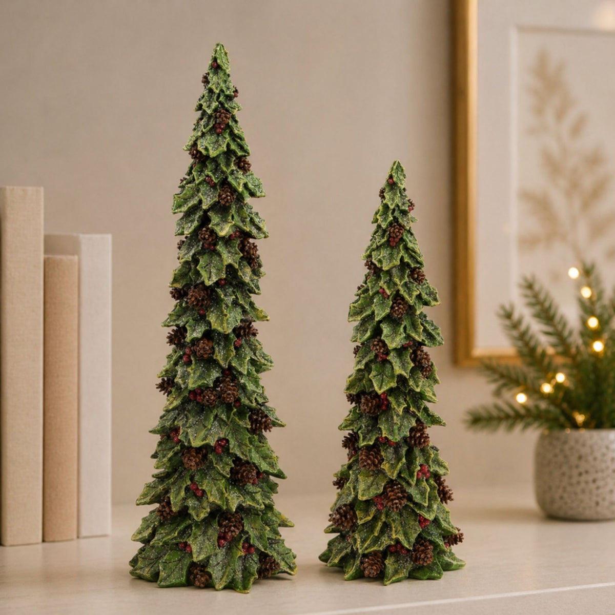 Holly Leaf Holiday Trees with Pinecone Accents (Set of 2) -Ship Only