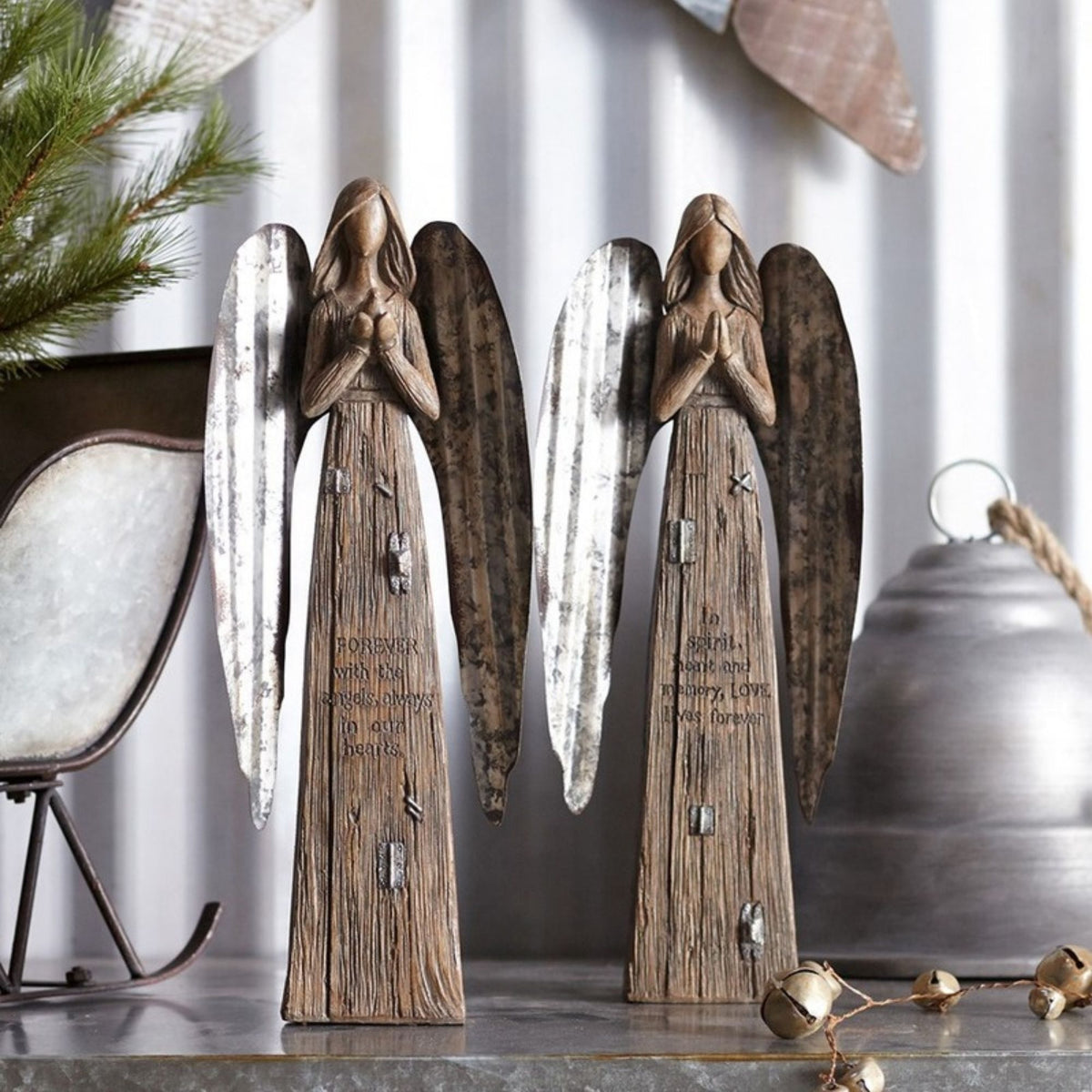 Rustic Wood Sentiment Angel with Galvanized Metal Wings (Set of 2) -Ship Only