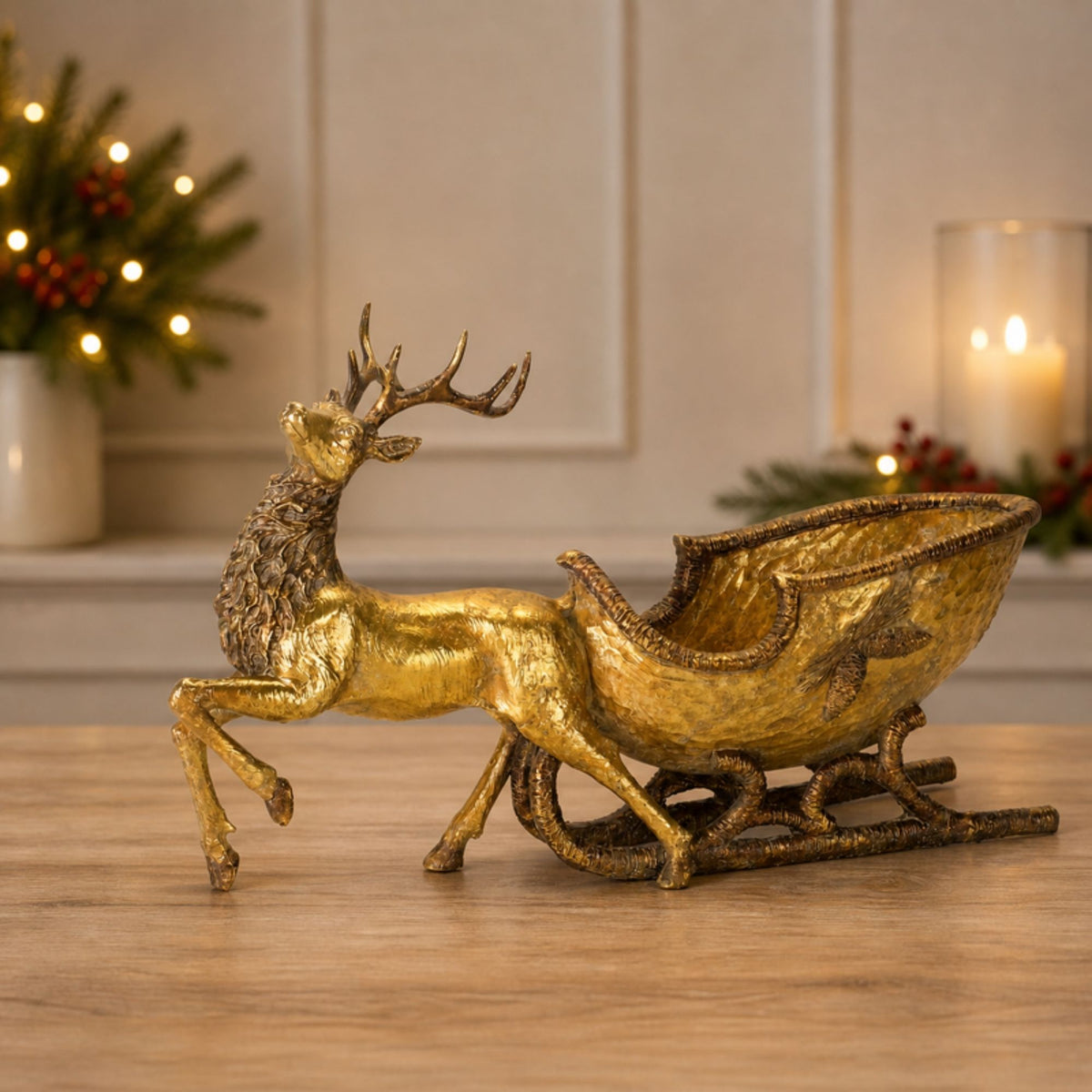 Bronze Metal Deer with Sleigh Display 19"L -Ship Only