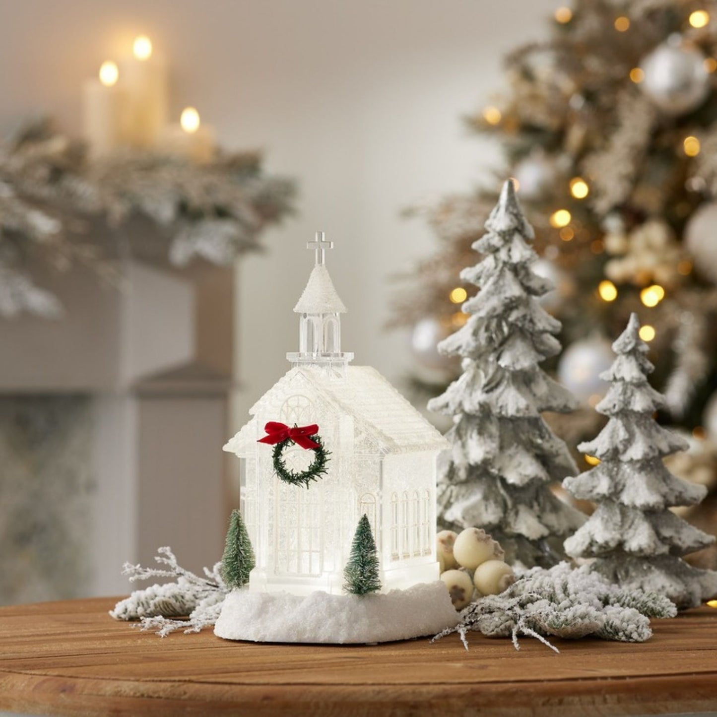 LED Church Snow Globe with Pine Accents 10.5"H -Ship Only
