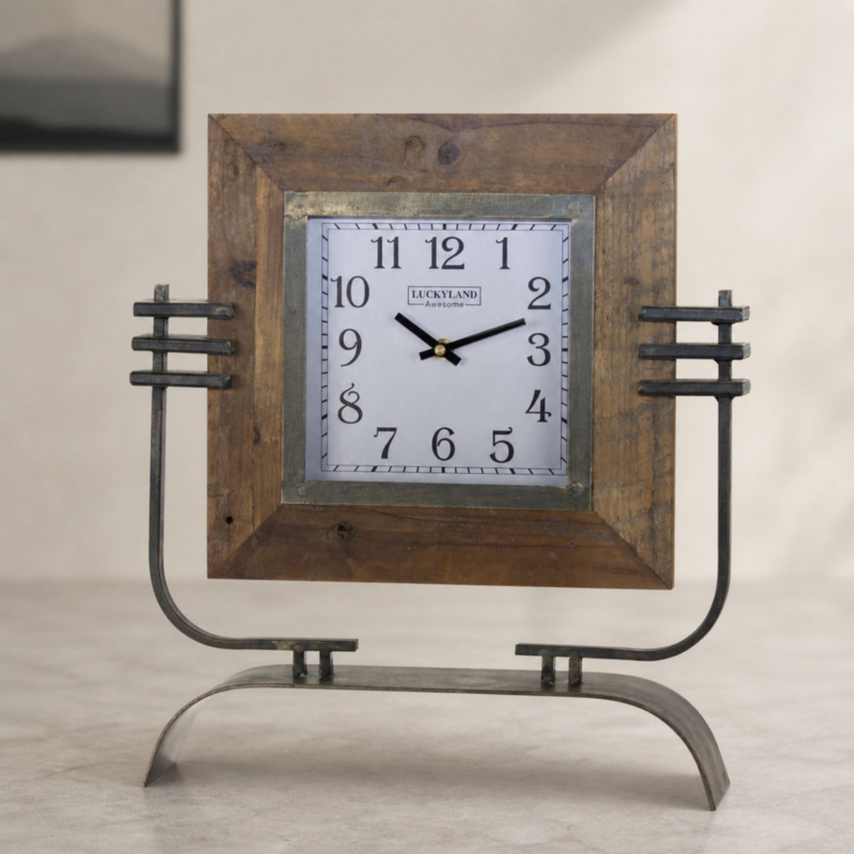 Wood Square Clock on Rustic Metal Stand 17.5"H -Ship Only