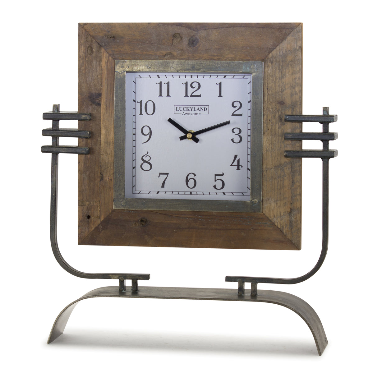 Wood Square Clock on Rustic Metal Stand 17.5"H -Ship Only