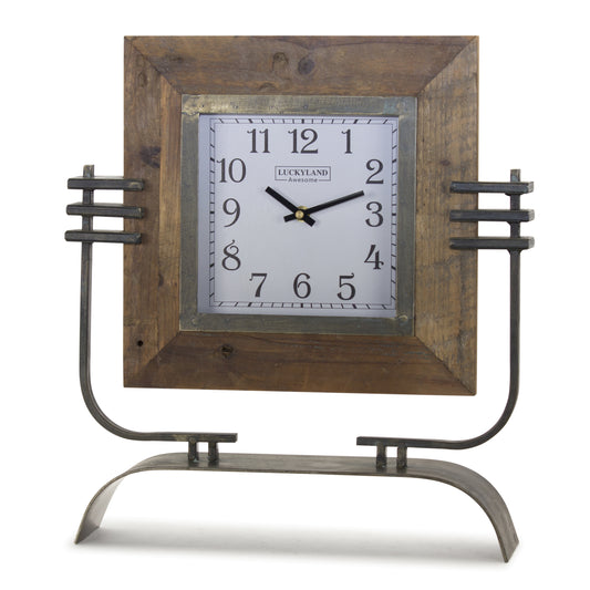 Wood Square Clock on Rustic Metal Stand 17.5"H -Ship Only
