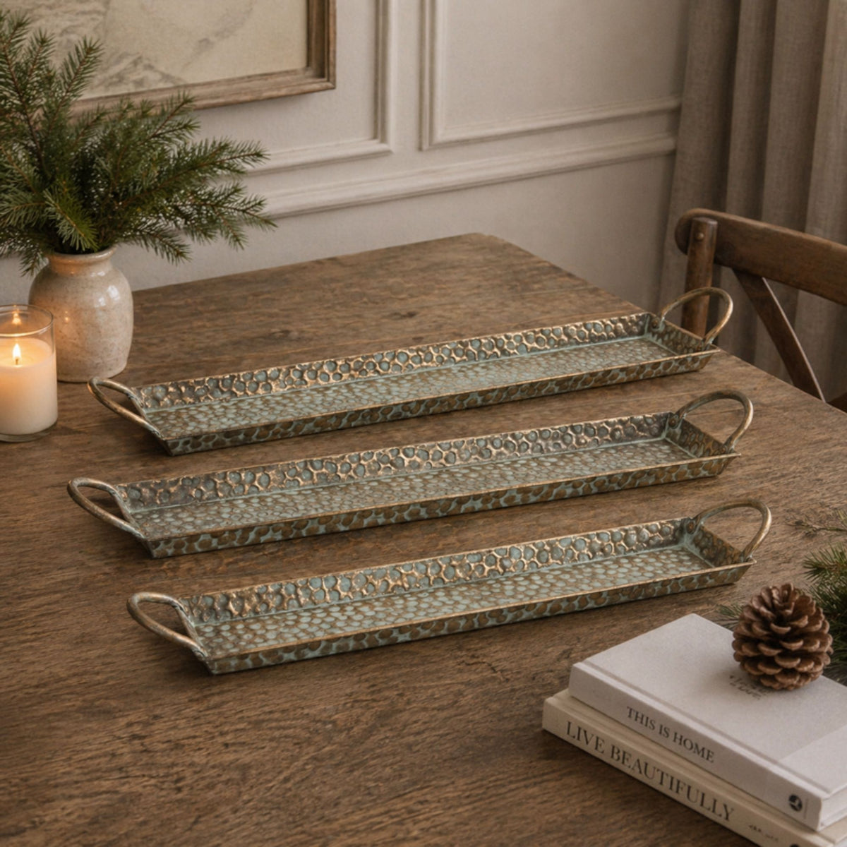 Hammered Metal Tray with Washed Finish and Handles (Set of 3) -Ship Only