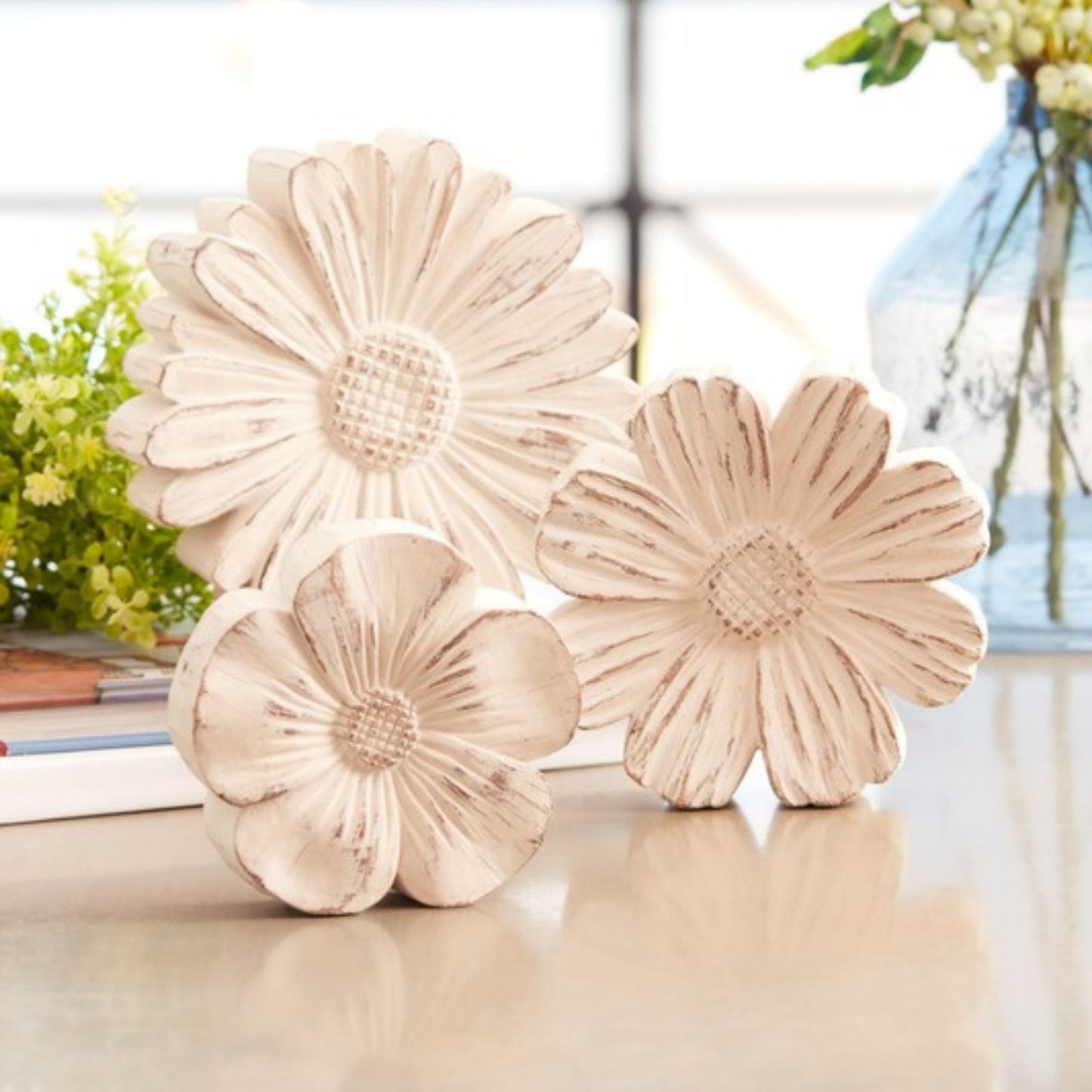 White Washed Stone Flower Decor (Set of 3) -Ship Only