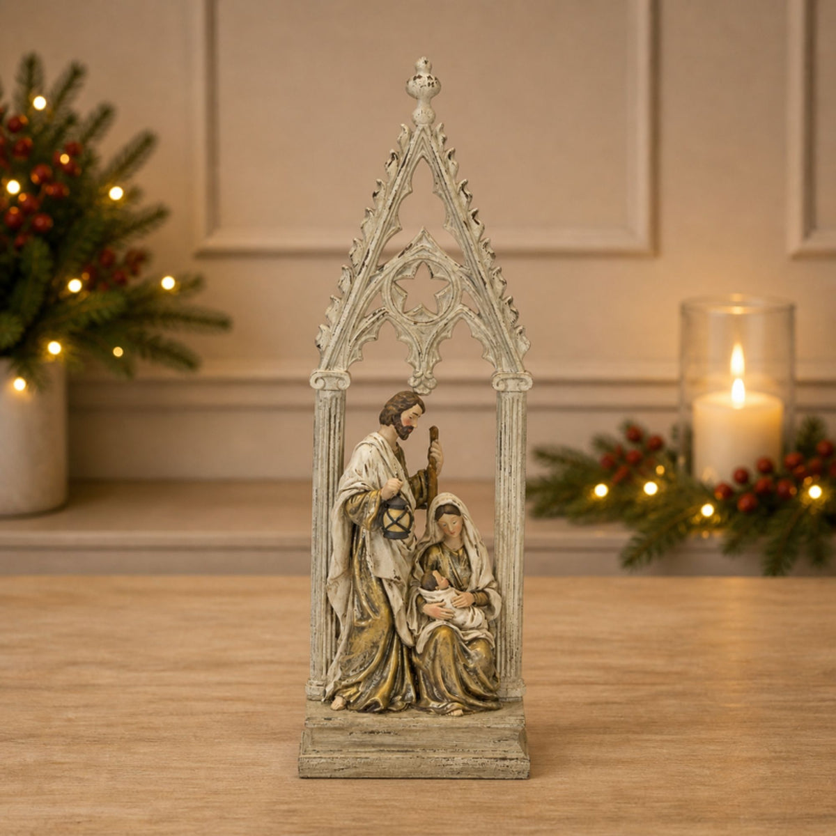 Holy Family Nativity Arch with Gold Finish 23.25"H -Ship Only