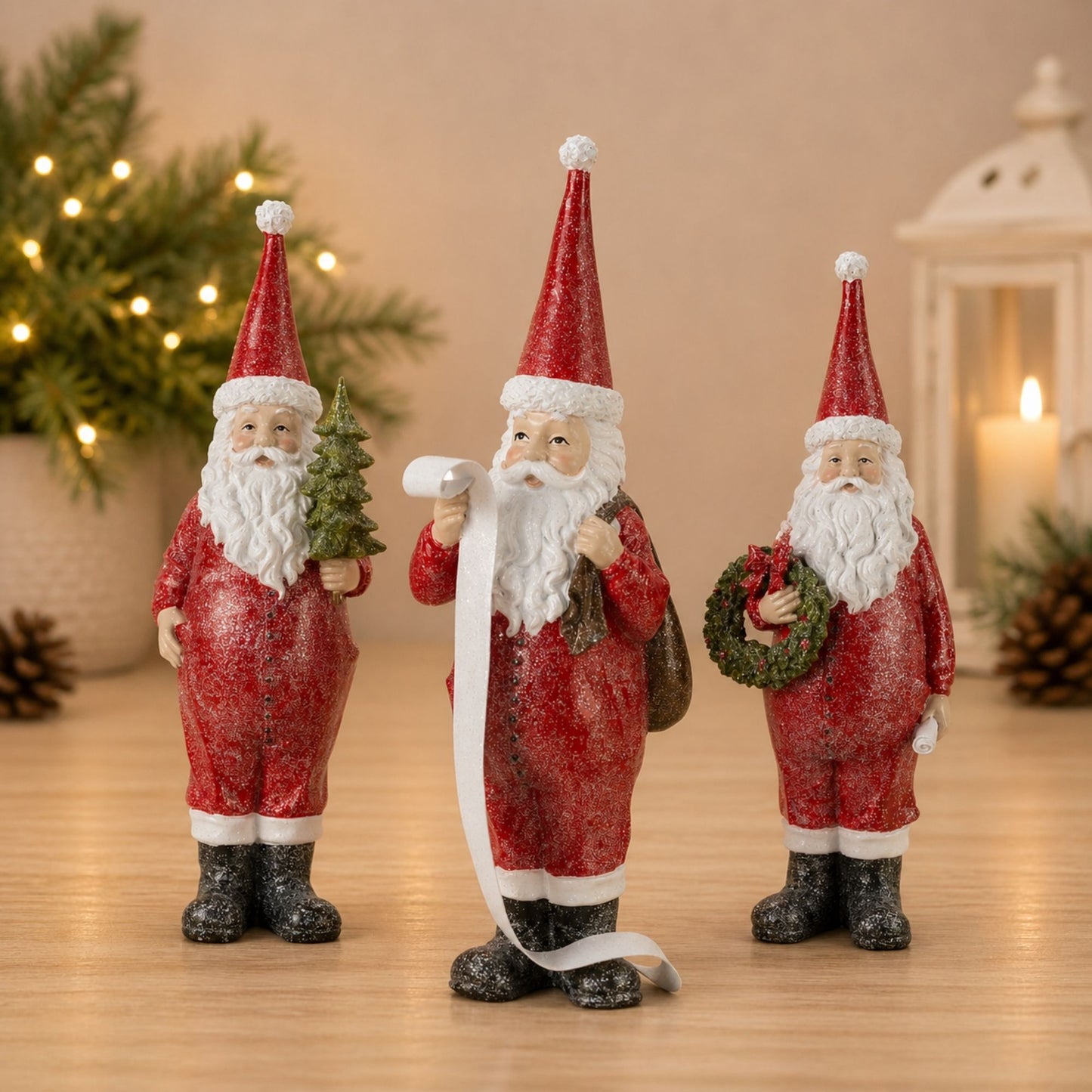 Frosted Long John Santa with Pine and List Accent (Set of 3) -Ship Only
