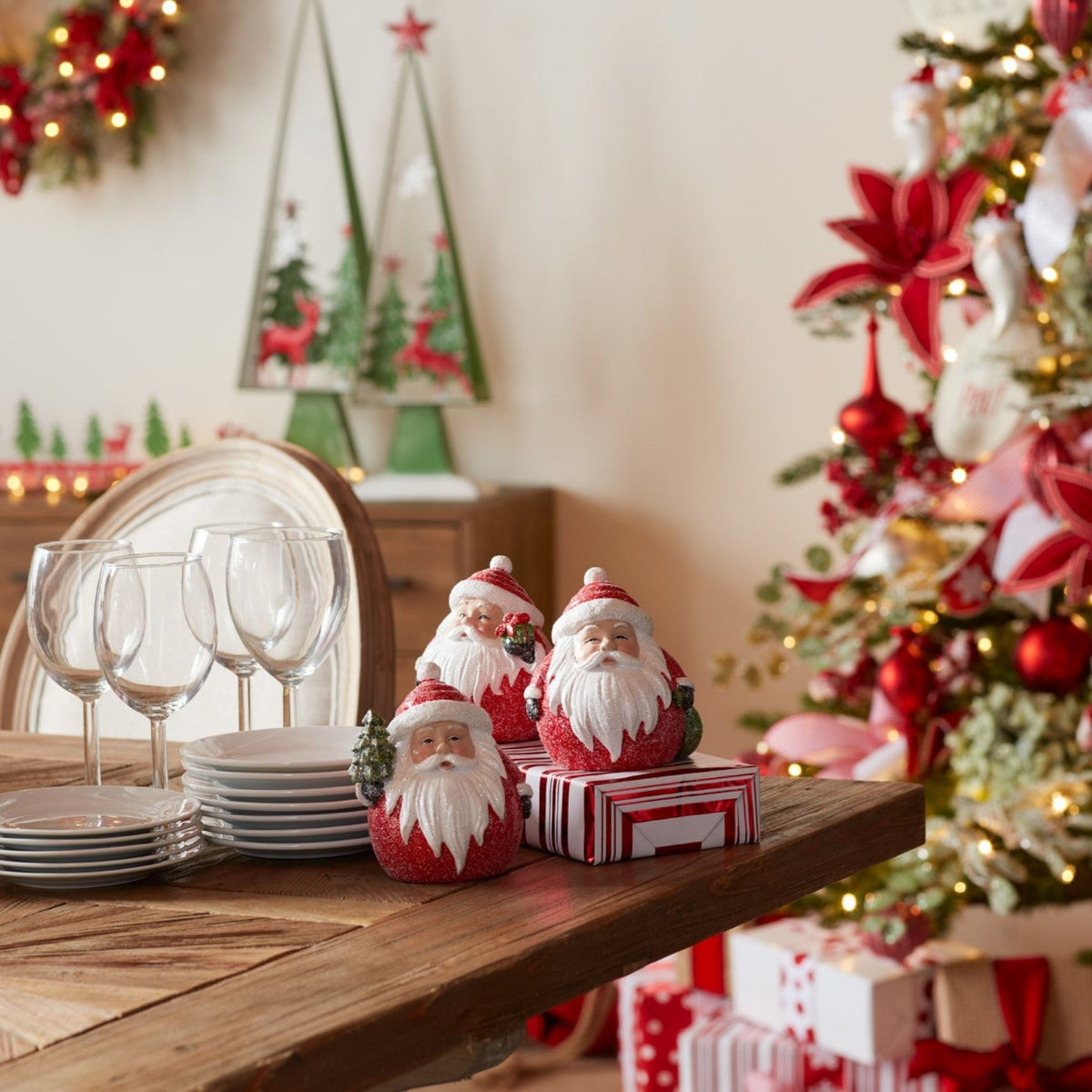 Frosted Round Santa Figure with Bird and Pine Accent (Set of 6) -Ship Only