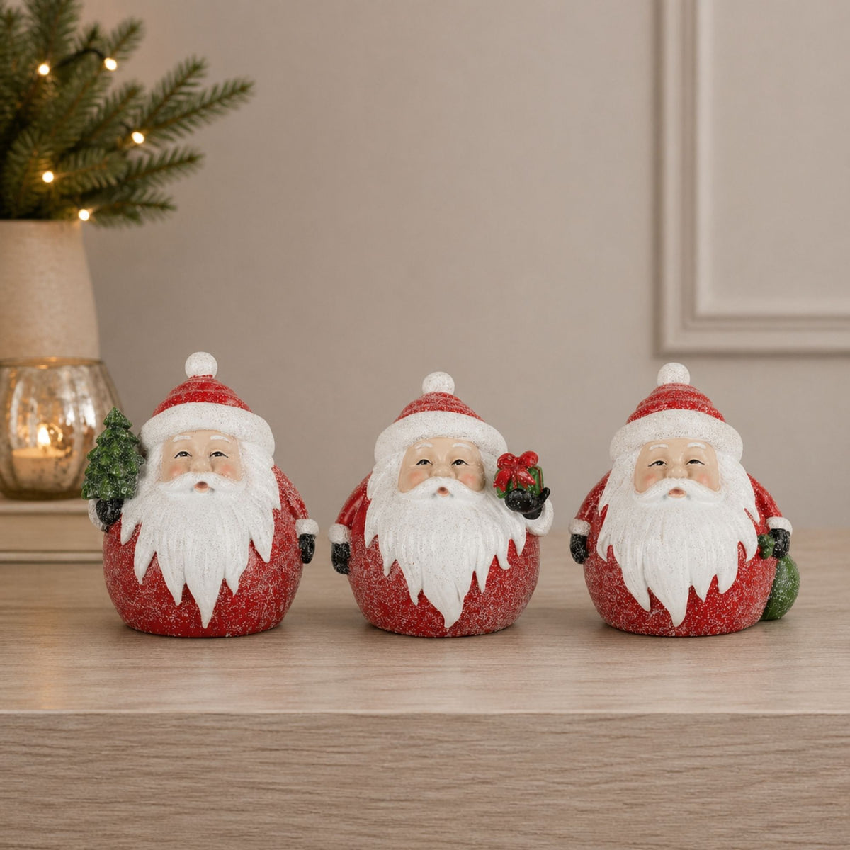 Frosted Round Santa Figure with Bird and Pine Accent (Set of 6) -Ship Only