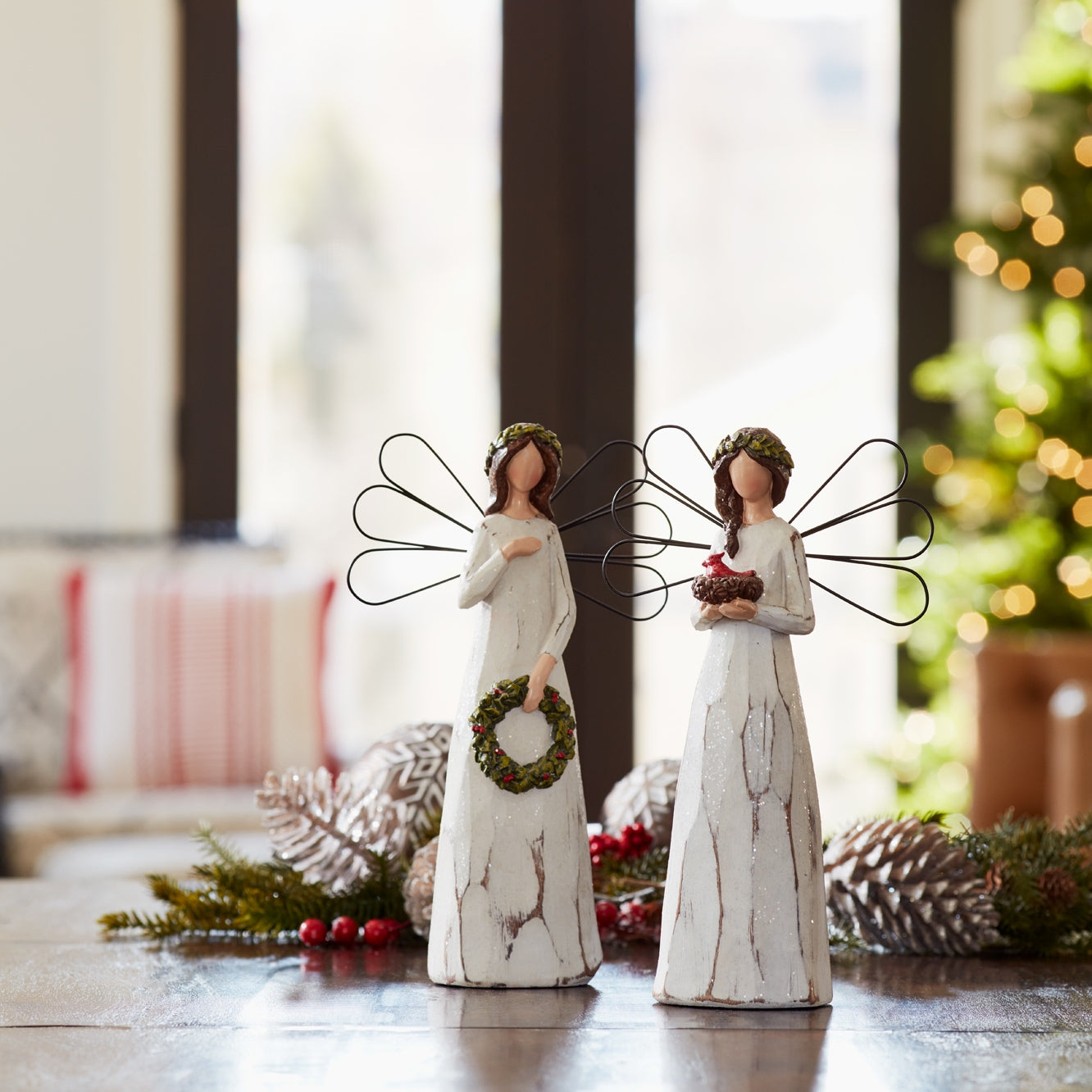 Frosted Winter Angel with Bird and Wreath Accent (Set of 2) -Ship Only