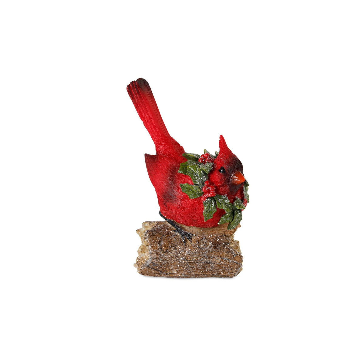 Perched Cardinal Bird on Log with Holly Wreath Accent (Set of 4) -Ship Only