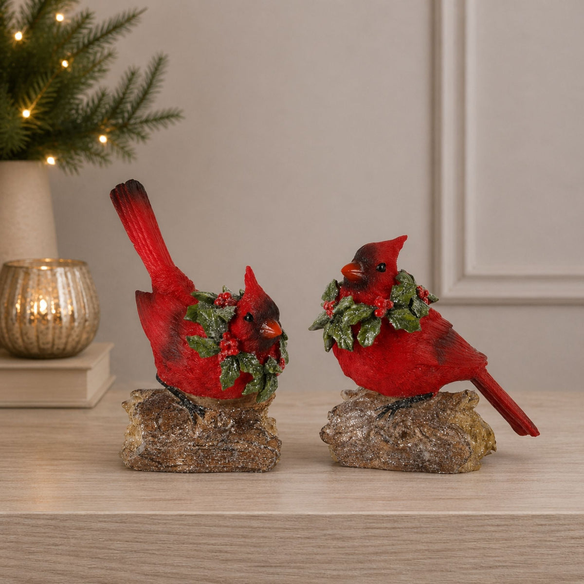 Perched Cardinal Bird on Log with Holly Wreath Accent (Set of 4) -Ship Only