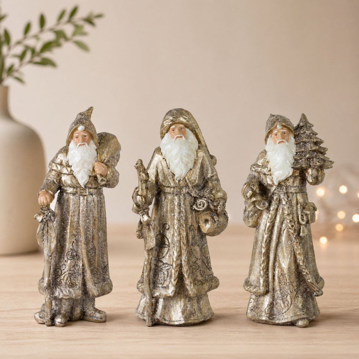 Stone Woodland Santa with Gold Finish (Set of 3) -Ship Only