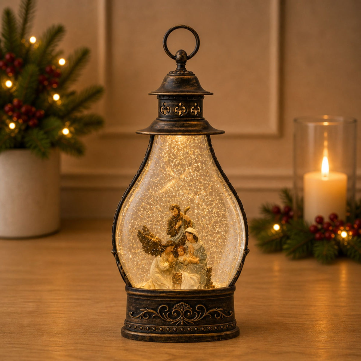 LED Snow Globe Lantern with Holy Family Nativity Scene 15.5"H -Ship Only
