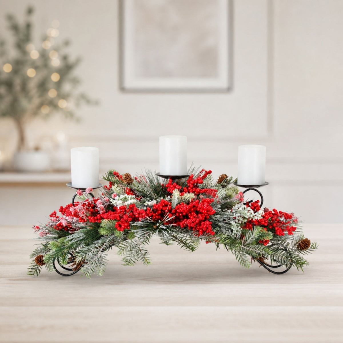 Frosted Pine and Mixed Berry Centerpiece Candle Holder 31"L -Ship Only