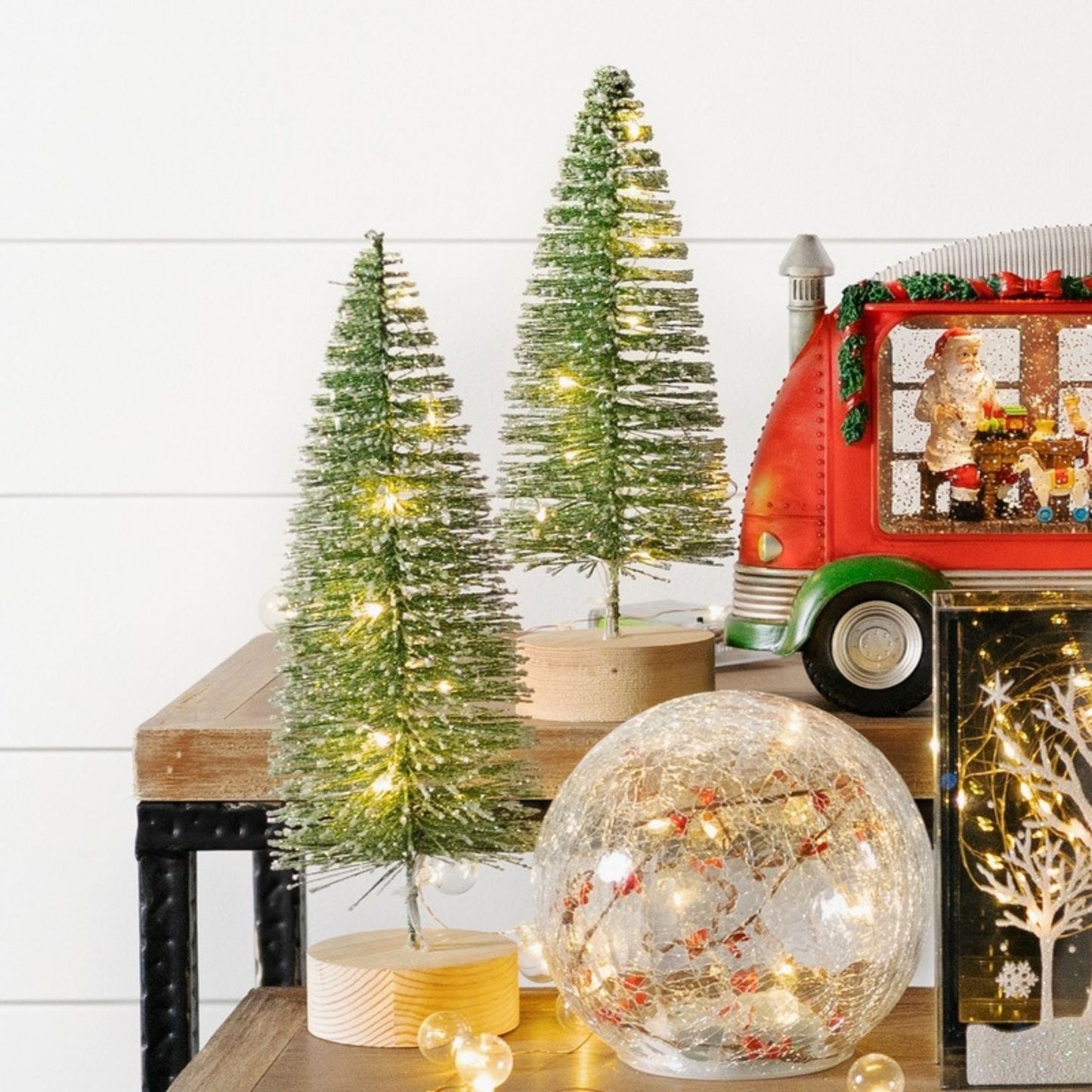 LED Lighted Green Bottle Brush Tree with Wood Base and Gold Accent (Set of 4) -Ship Only