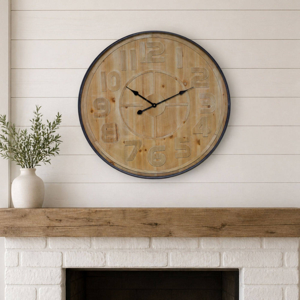 Natural Wooden Wall Clock with Metal Frame 31.5"D -Ship Only