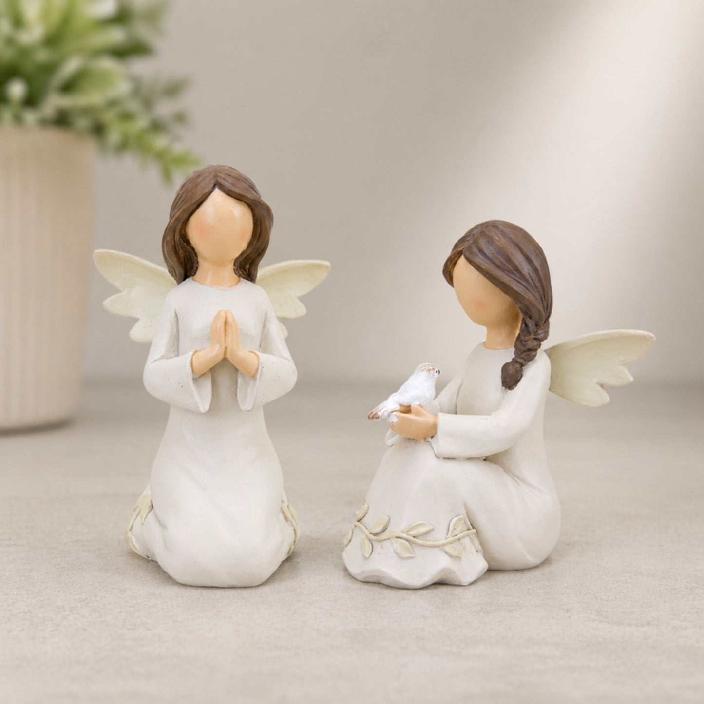 Beige Angel Figurine with Raised Floral Accent (Set of 2) -Ship Only