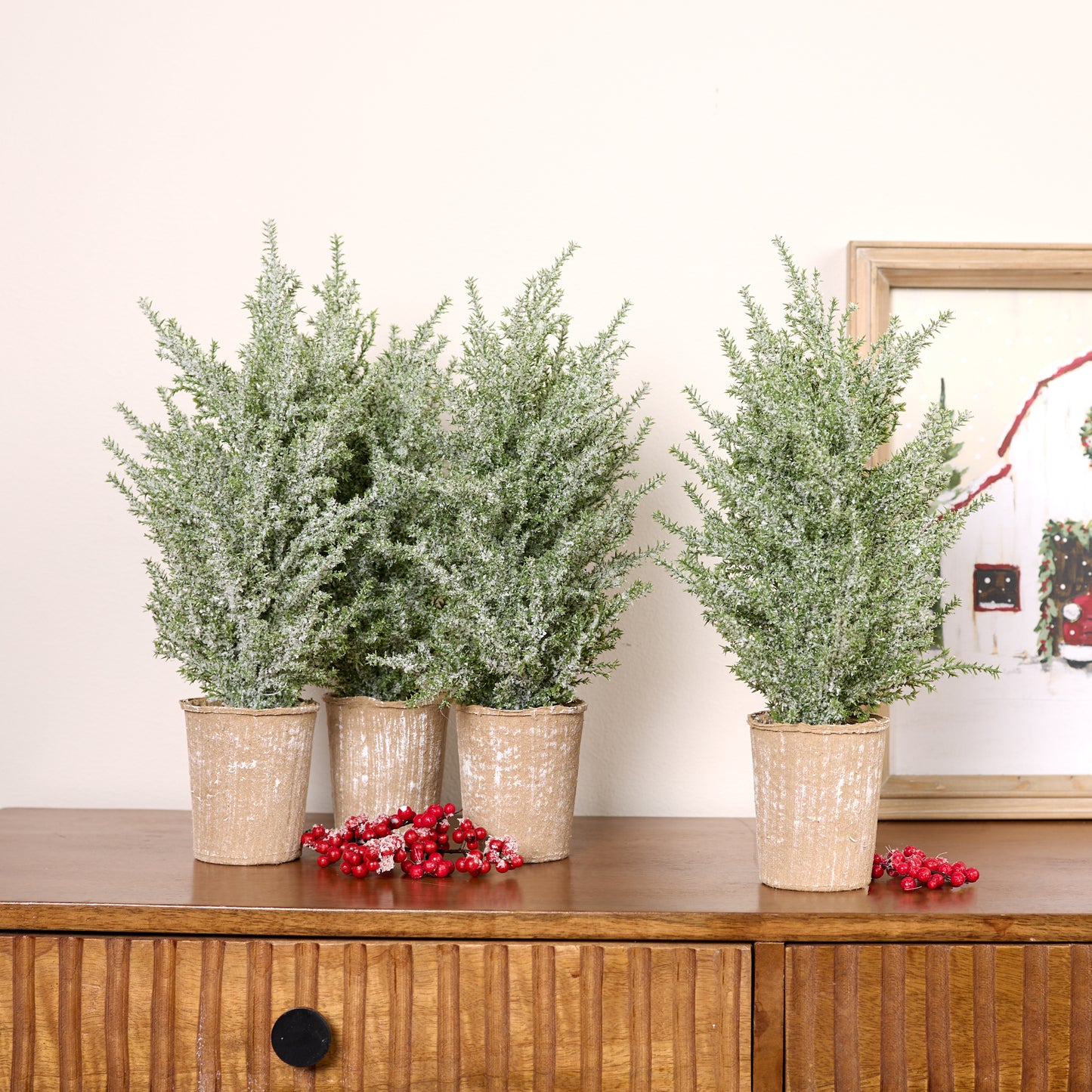 Frosted Holiday Pine Tree in Paper Pot (Set of 4) -Ship Only