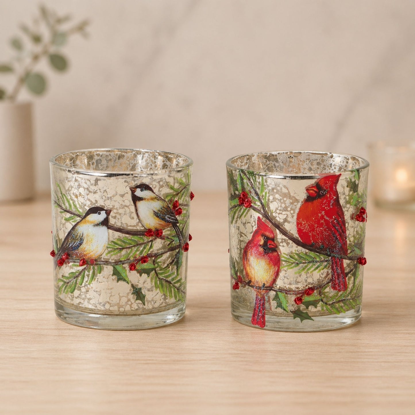 Mercury Glass Votive Candle Holder with Bird and Berry Branch (Set of 6) -Ship Only