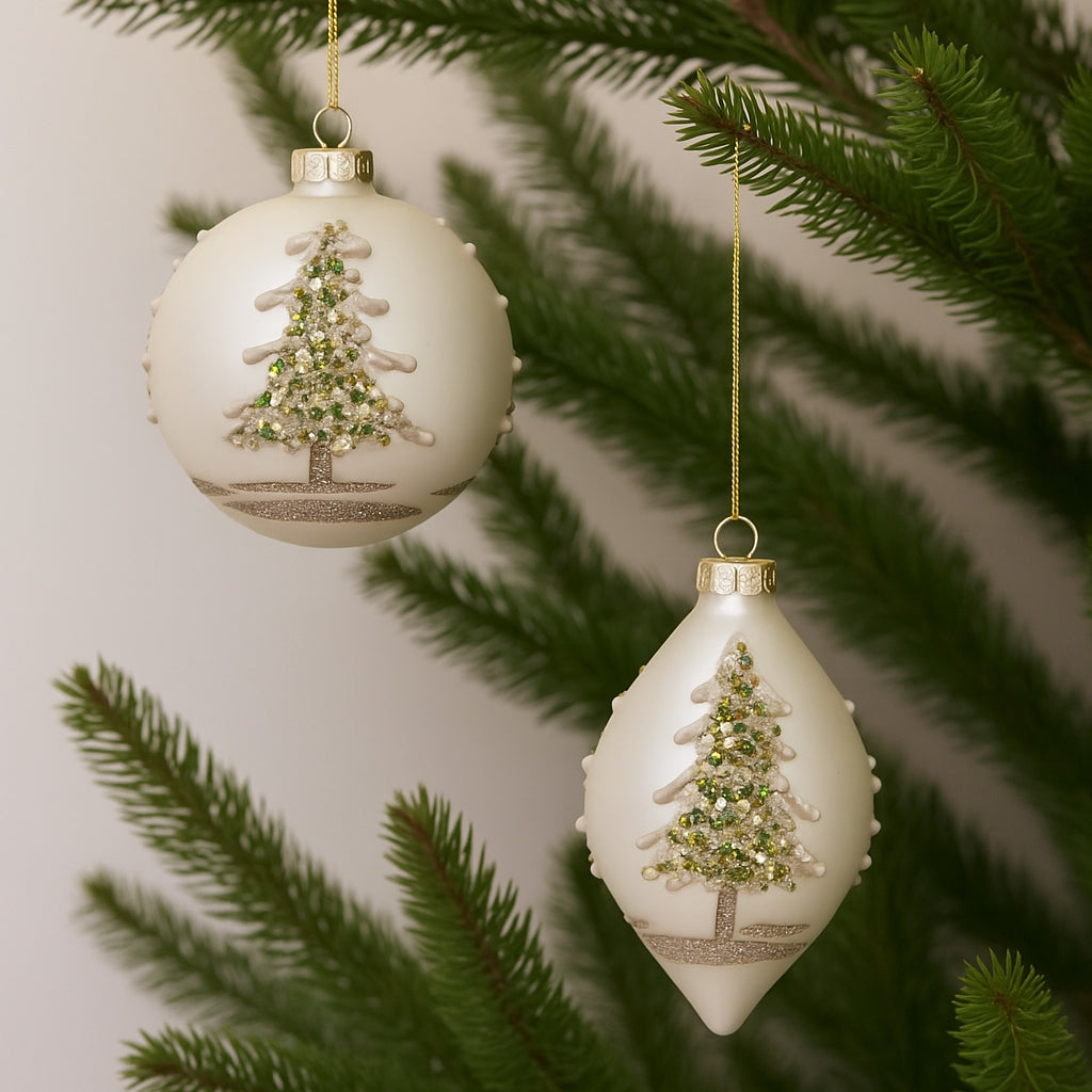 Painted Snowy Pine Tree Ball Ornament (Set of 6) -Ship Only