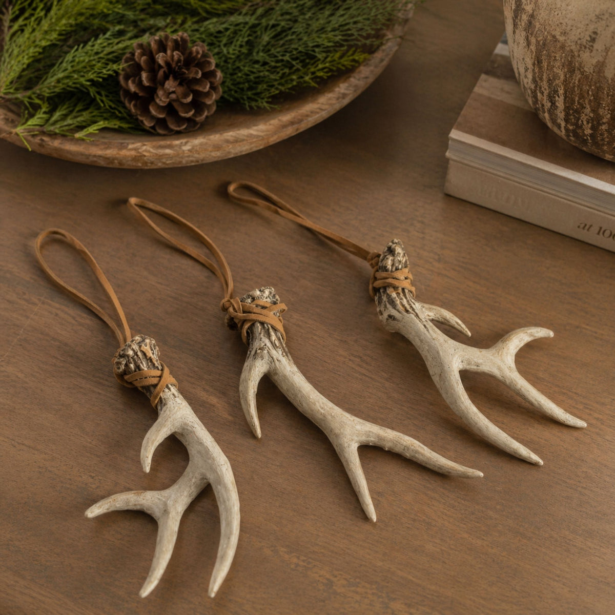 Rustic Deer Antler Hanging Ornament with Rope Tie (Set of 12) -Ship Only