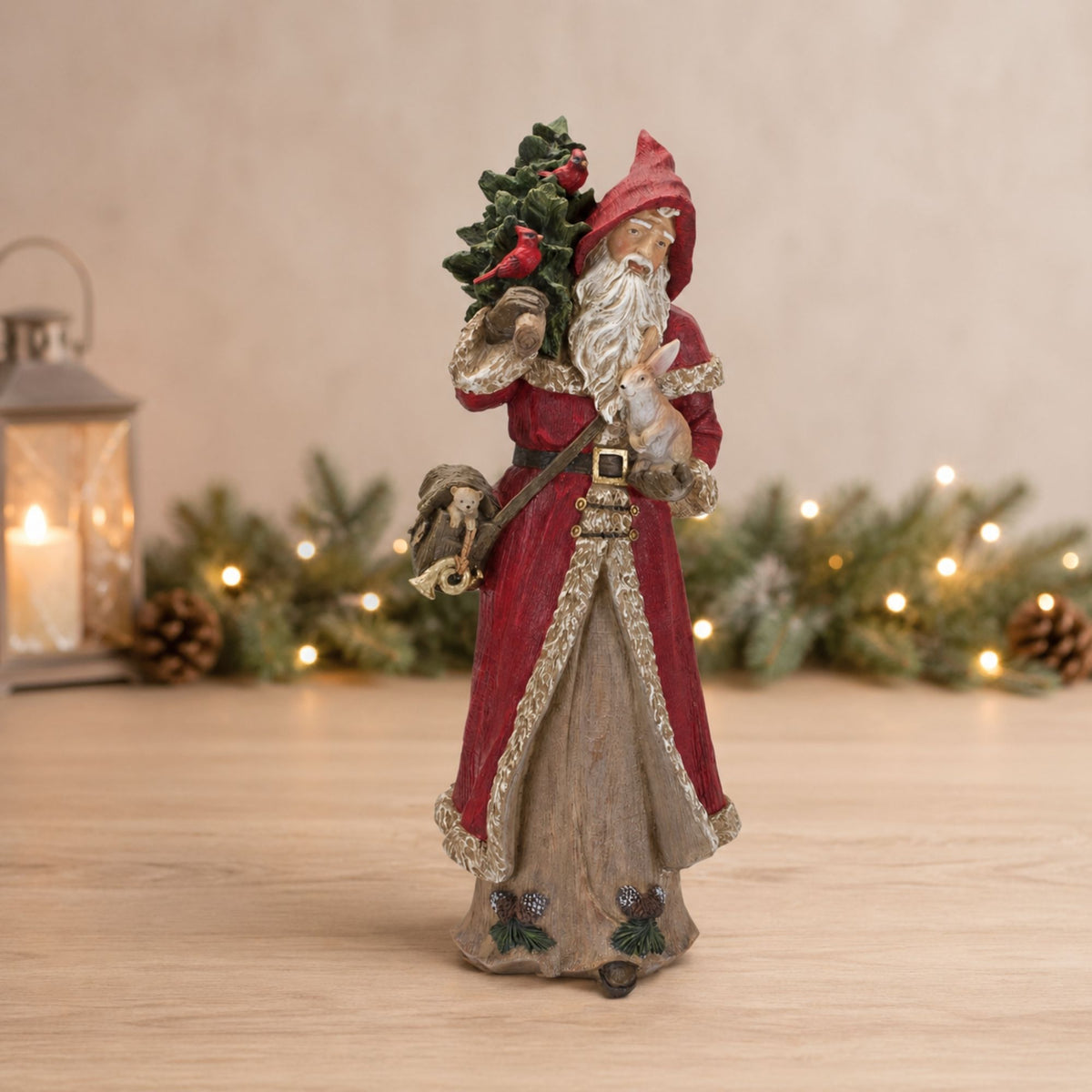Rustic Stone Santa Figurine with Cardinal Bird and Animals -Ship Only