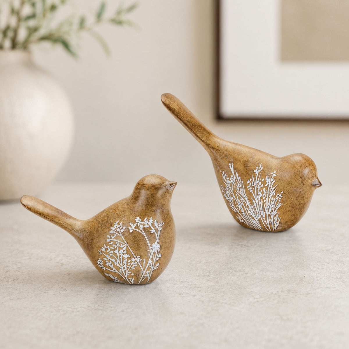 Floral Etched Bird Figurine with Wood Grain Design (Set of 4) -Ship Only