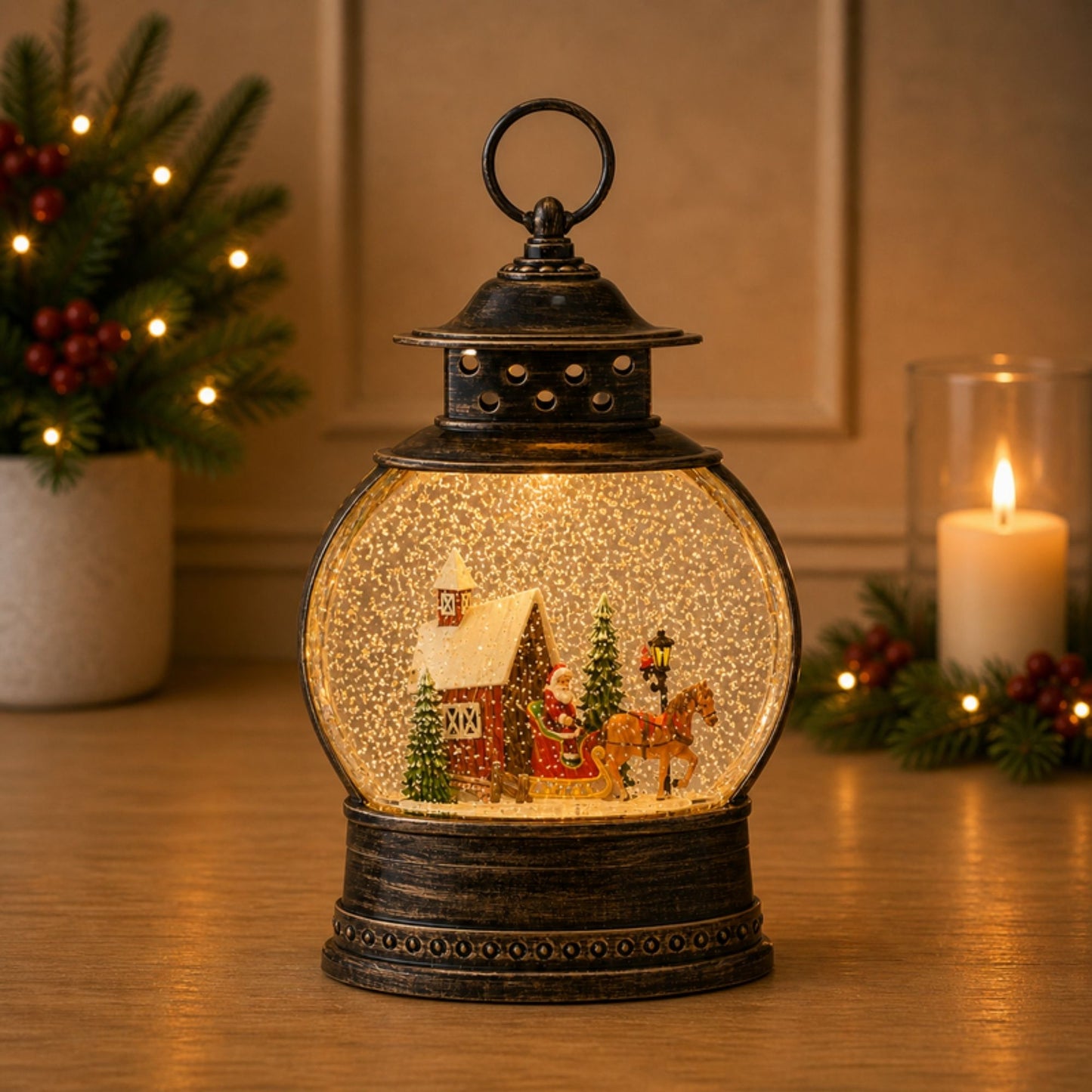 LED Snow Globe with Santa's Sleigh 11.5"H -Ship Only