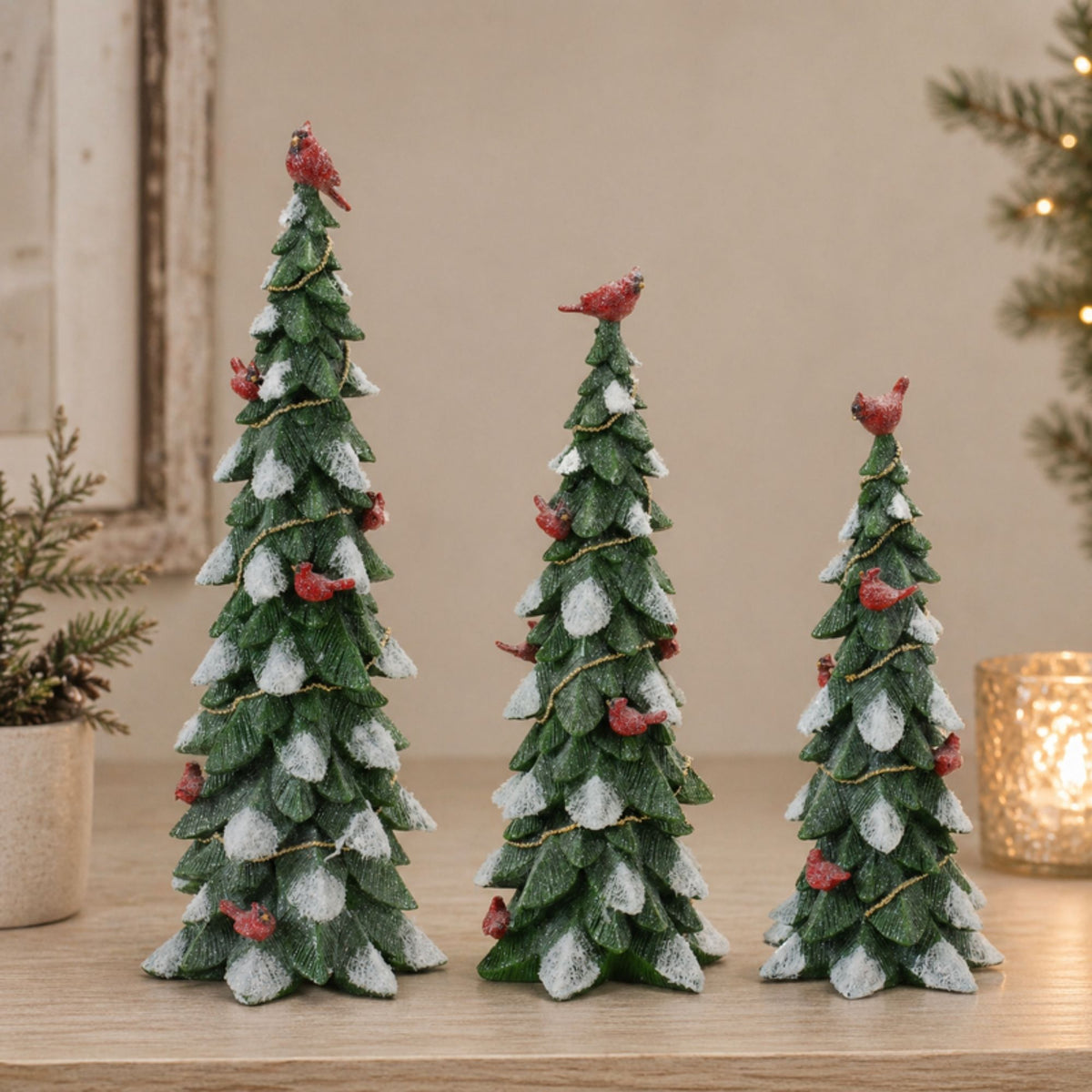 Frosted Cardinal Pine Tree (Set of 3) -Ship Only
