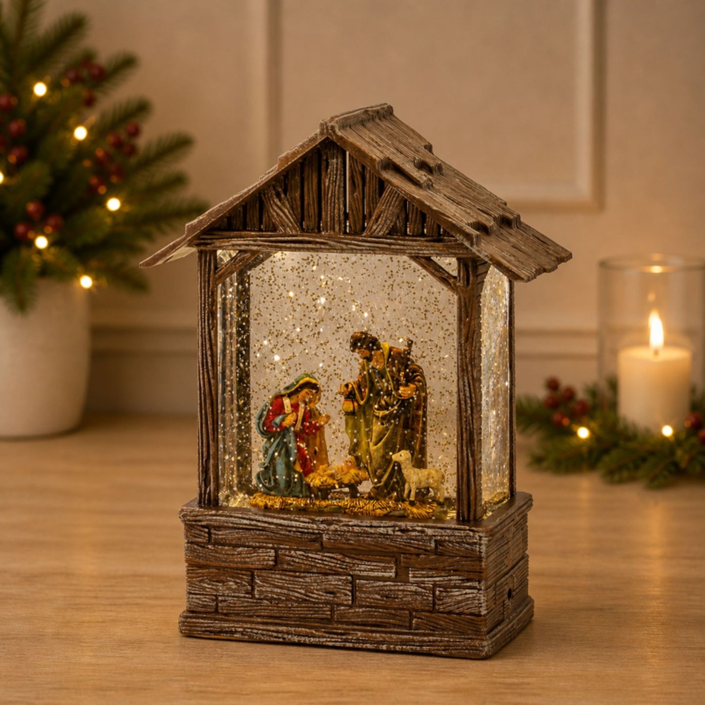 LED Snow Globe Nativity Barn 8.25"H -Ship Only