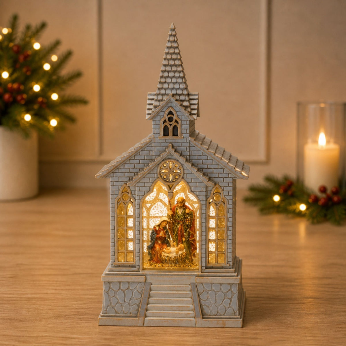 LED Snow Globe Church with Nativity 8.25"H -Ship Only