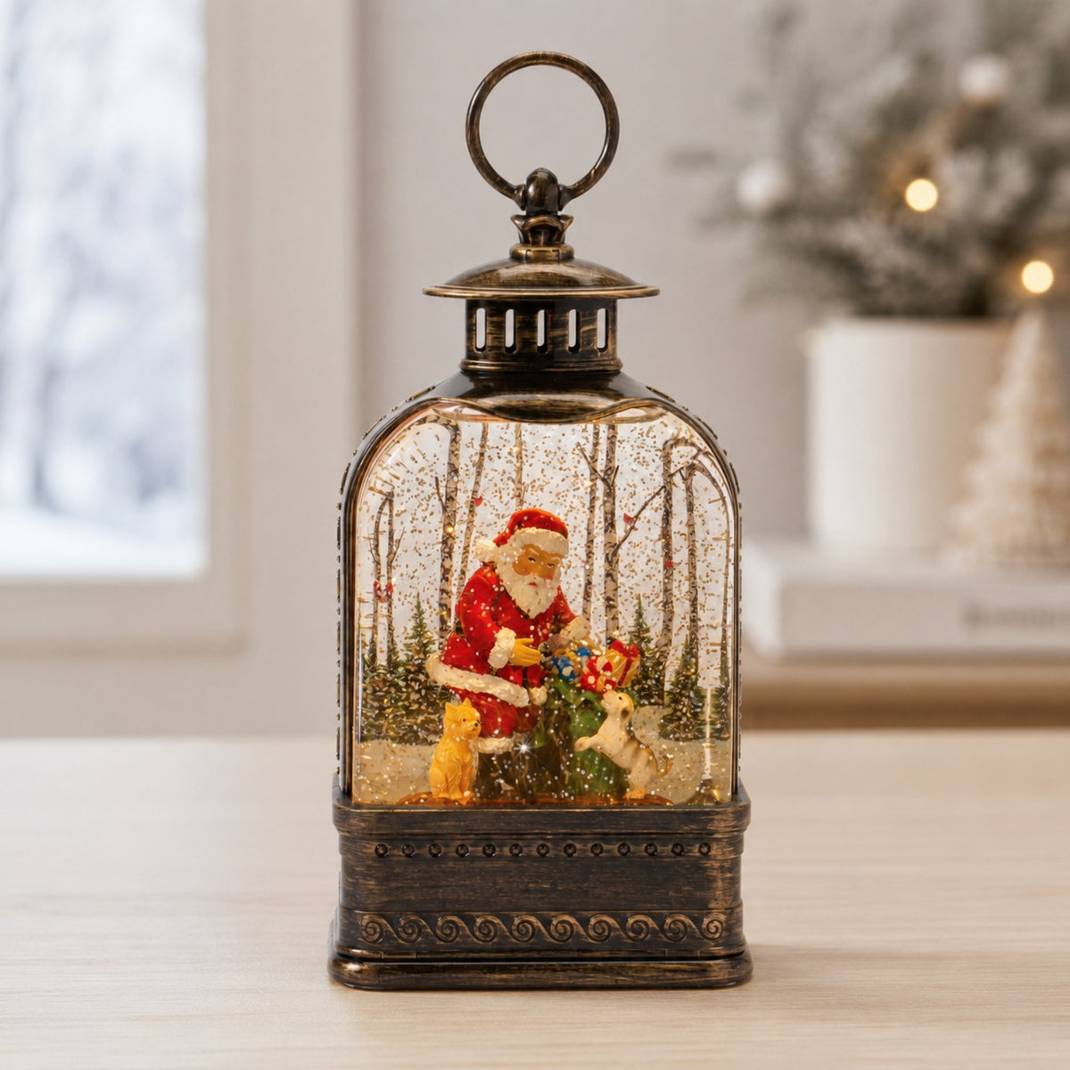 LED Snow Globe Lantern with Santa and Dog 11.25"H -Ship Only