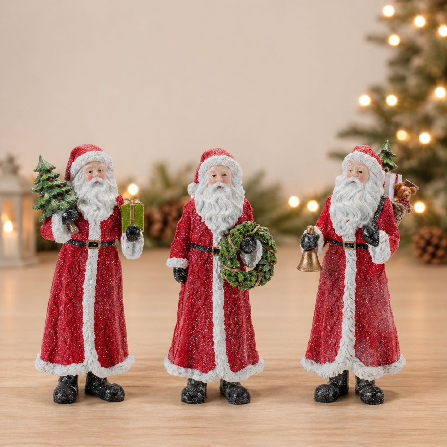 Glitter Santa Figurine with Pine Accent (Set of 3) -Ship Only