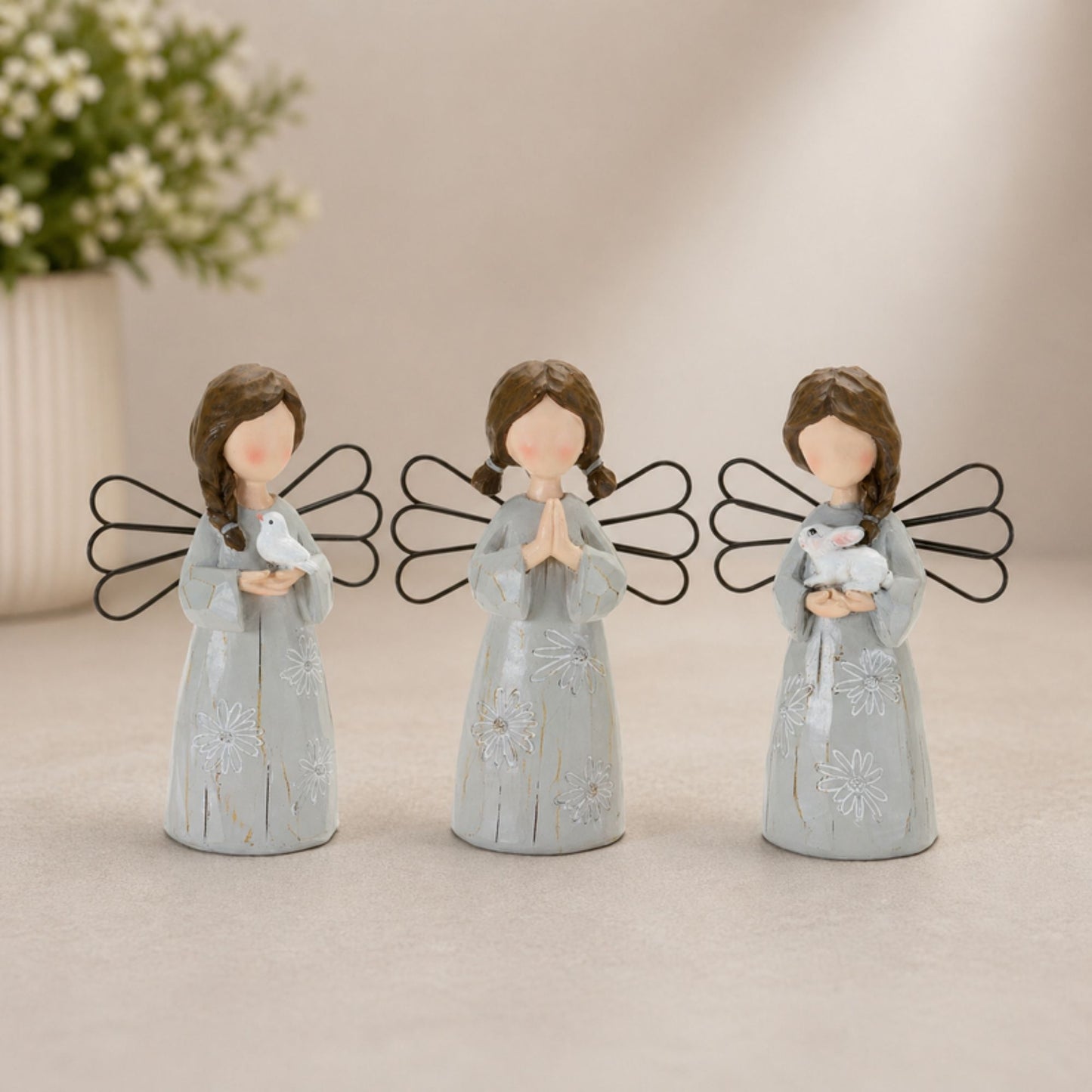 Floral Etched Angel Figurine (Set of 3) -Ship Only