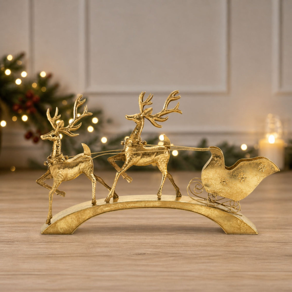 Hammered Metal Deer with Sleigh 40.5"L -Ship Only