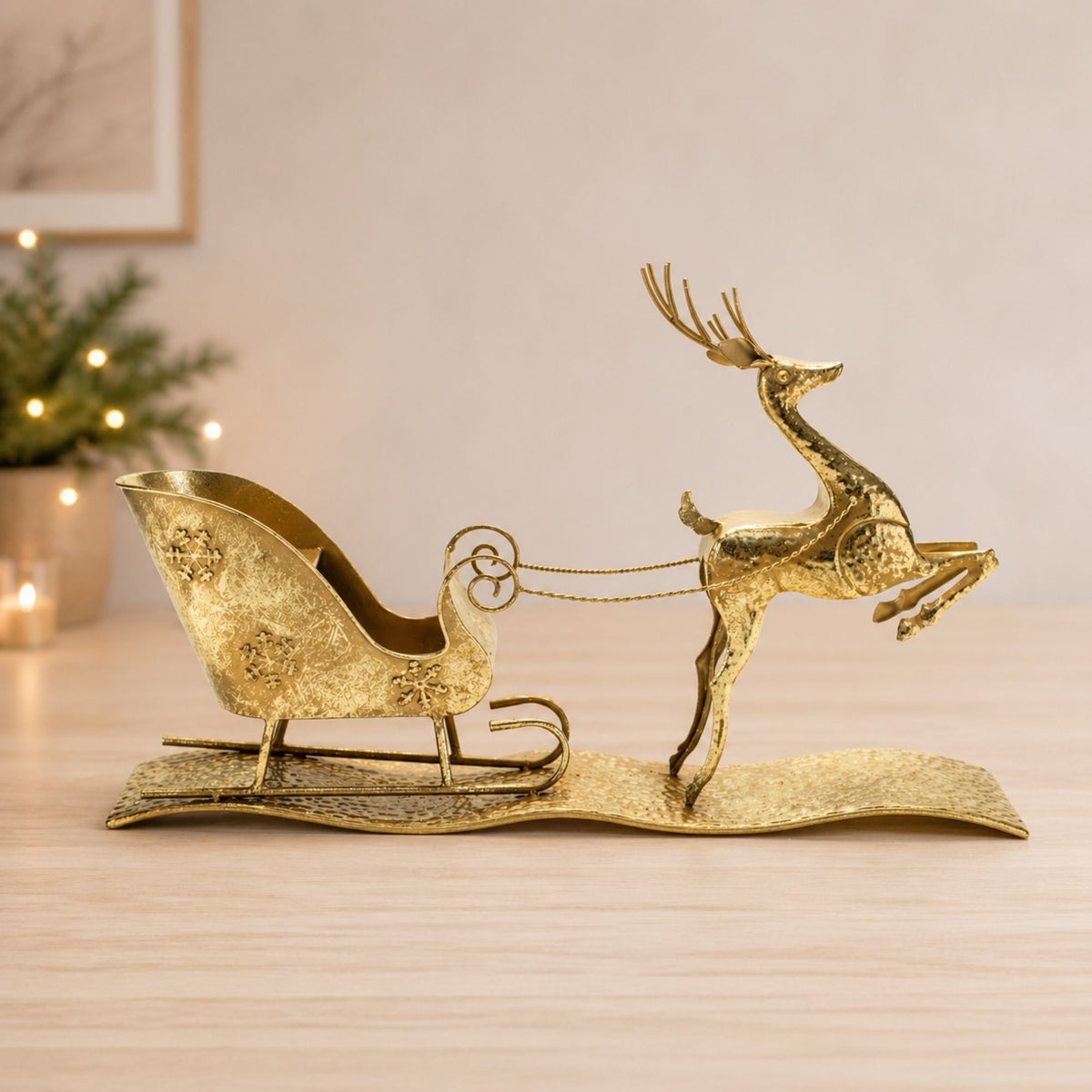 Hammered Metal Deer with Sleigh 25.5"L -Ship Only