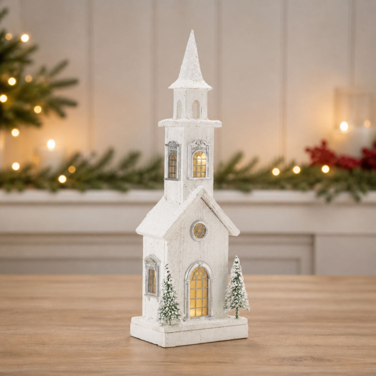 LED Flocked Wooden Church 24"H -Ship Only