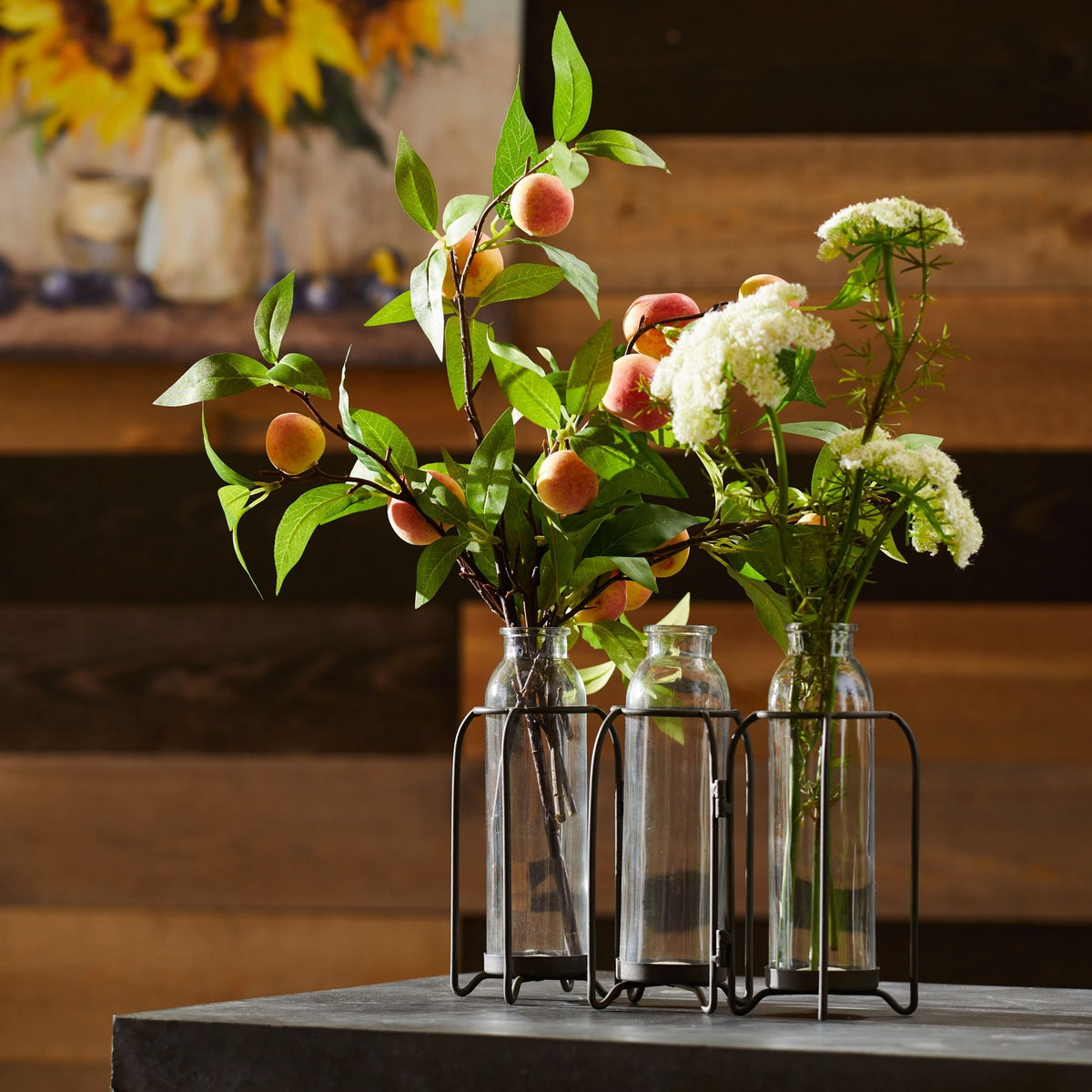 Bottle Vases in Iron Holder 19.75"L -Ship Only