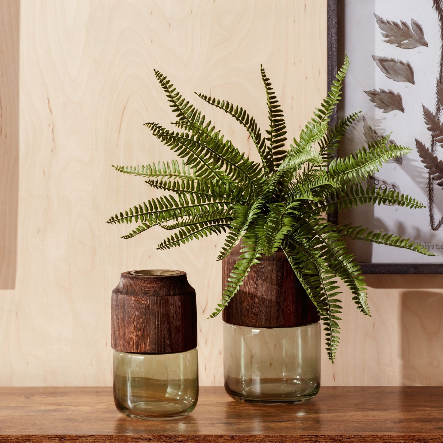 Sage Glass Vase with Wood Accent 11"H -Ship Only