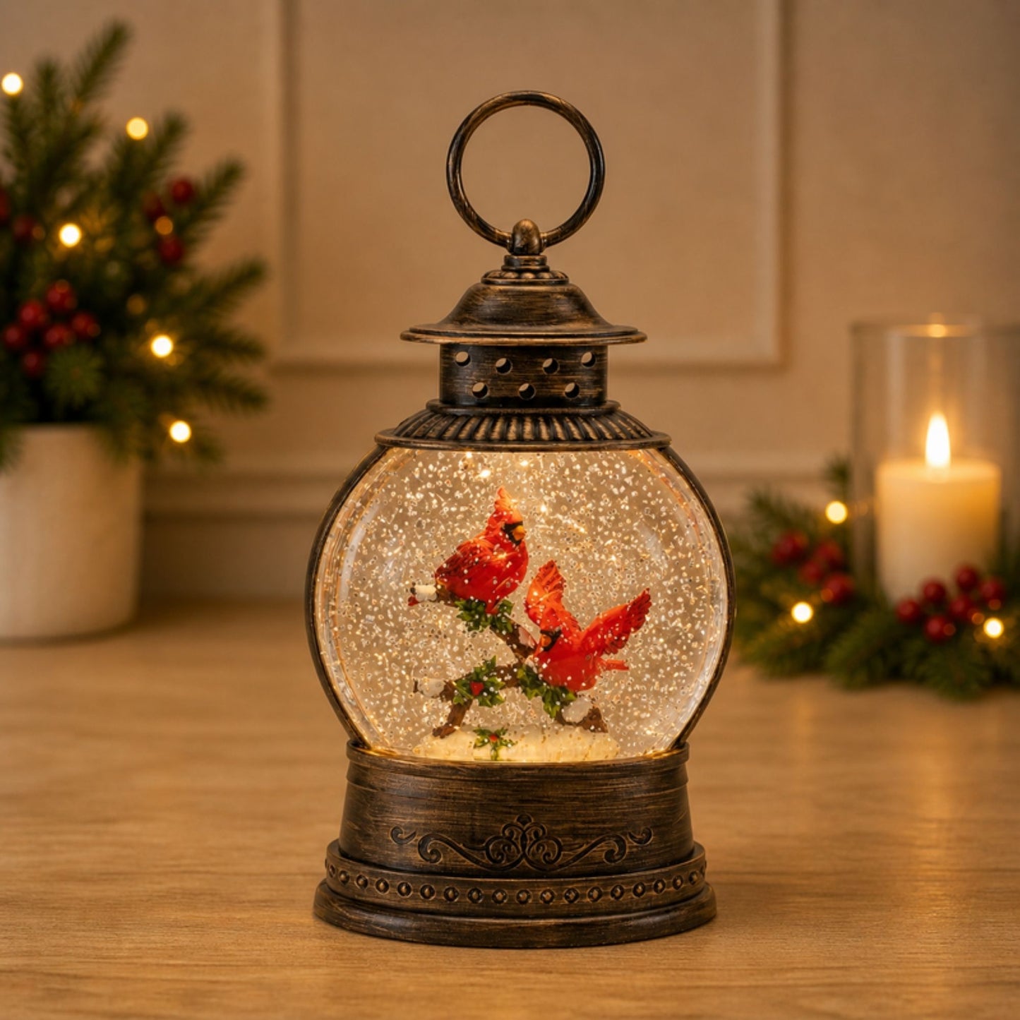 LED Snow Globe Lantern with Cardinal Bird Couple 8.25"H -Ship Only