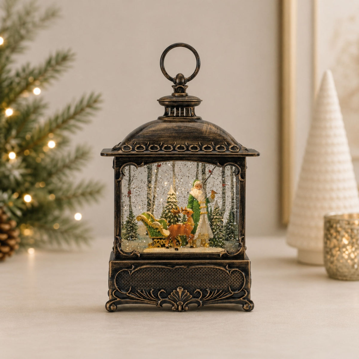 LED Snow Globe Lantern with Santa and Woodland Animals 10.5"H -Ship Only