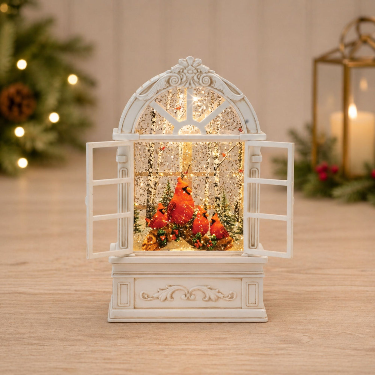 LED Snow Globe Window with Cardinal Family 9"H -Ship Only