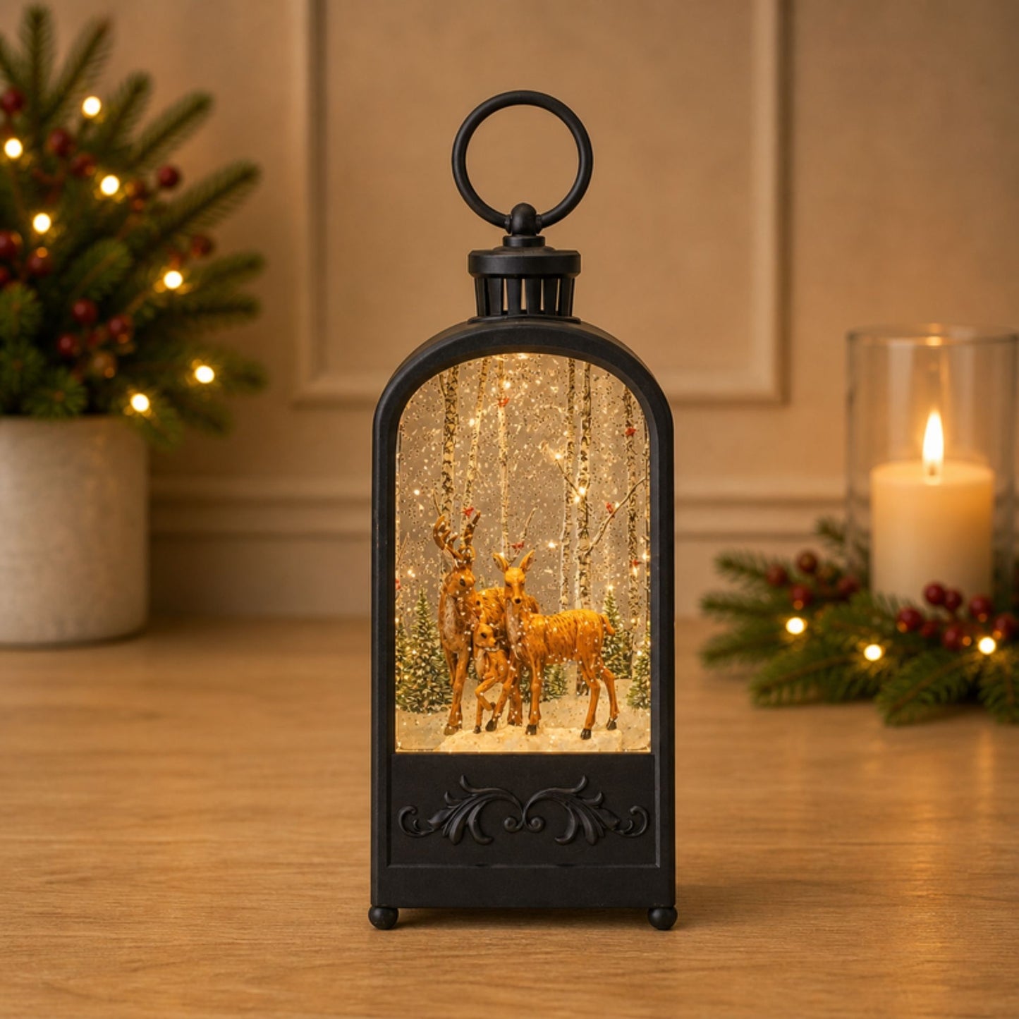 LED Snow Globe Lantern with Forest Deer 9.5"H -Ship Only