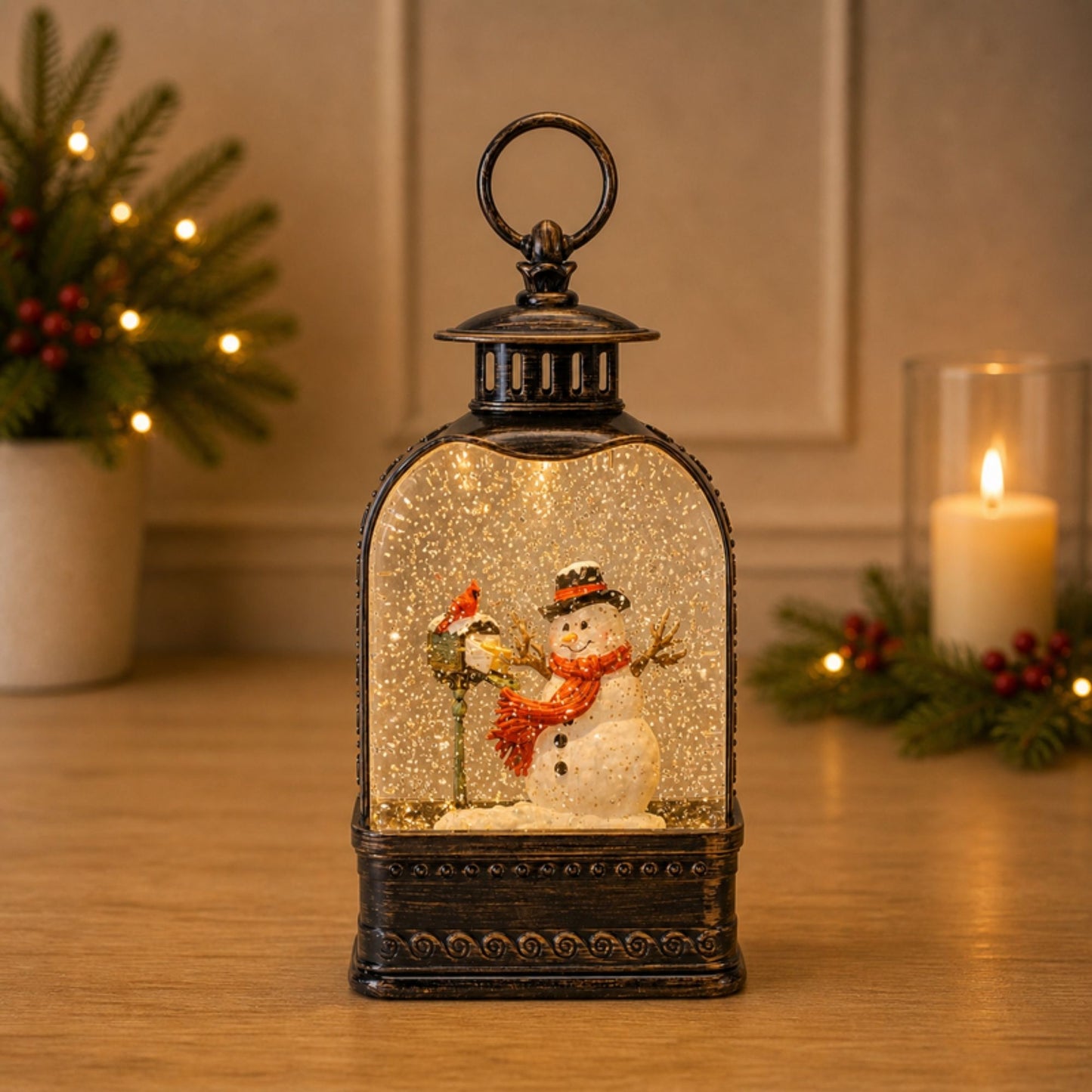 LED Snow Globe with Snowman and Cardinals 9.75"H -Ship Only
