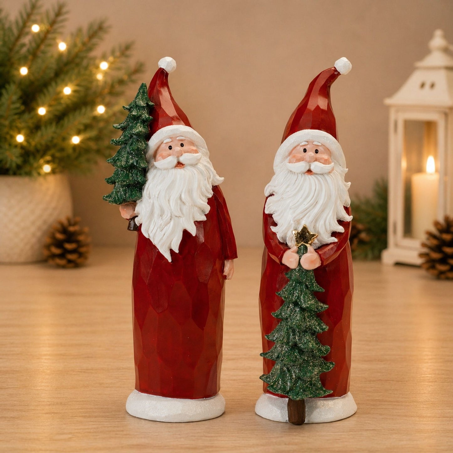 Carved Santa with Glittered Pine (Set of 2) -Ship Only