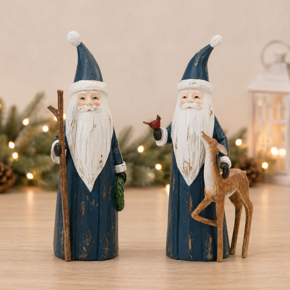 Carved Woodland Santa with Deer Figurine (Set of 2) -Ship Only
