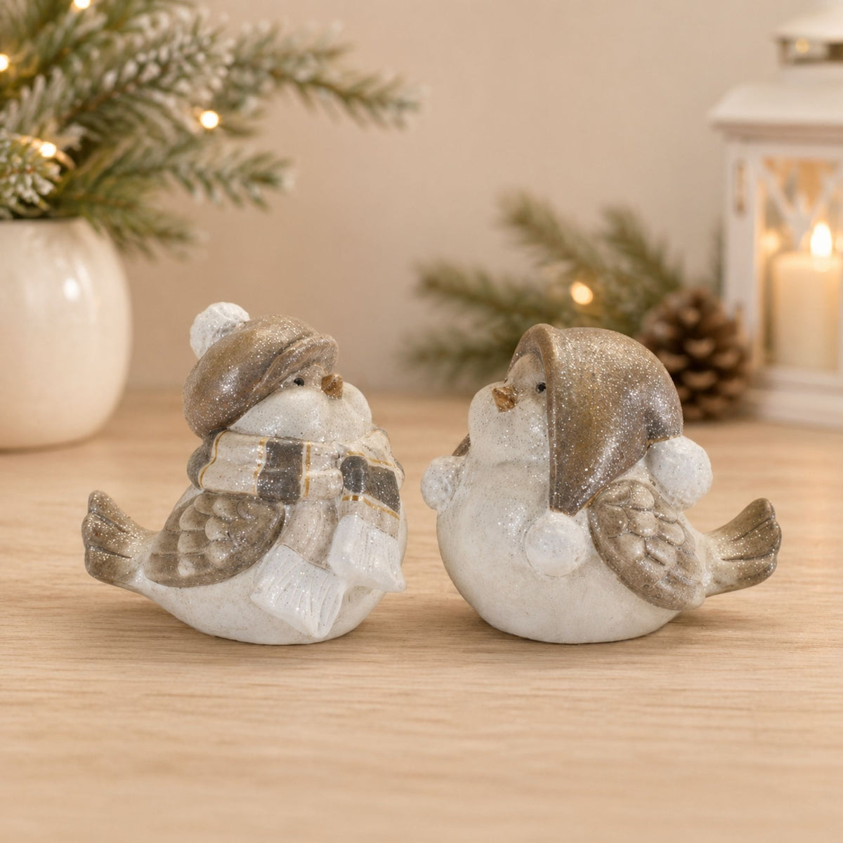 Glittered Winter Bird with Hat (Set of 4) -Ship Only